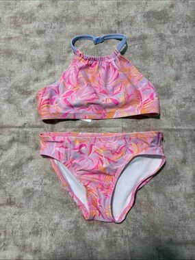 OshKosh B'gosh Pink Leaf-Print High-Neck Girls Swim Two-Piece